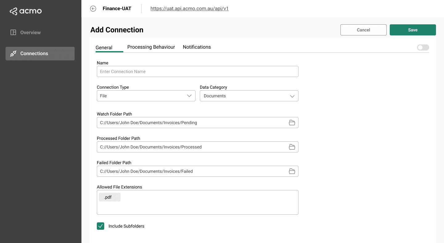 ACMO Sync Client - Add Connection General Documents