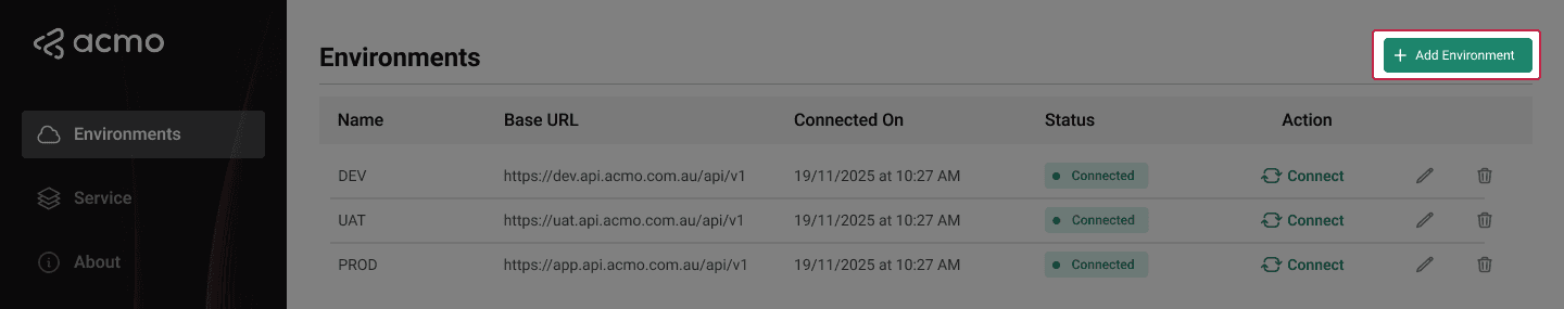 ACMO Sync Client - Add Environment Button