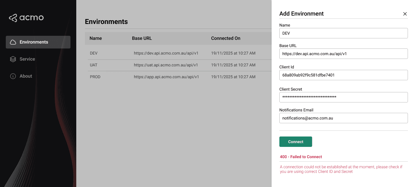 ACMO Sync Client - Add Environment: Connection Success