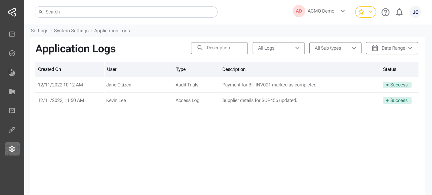 ACMO Portal - Application Logs