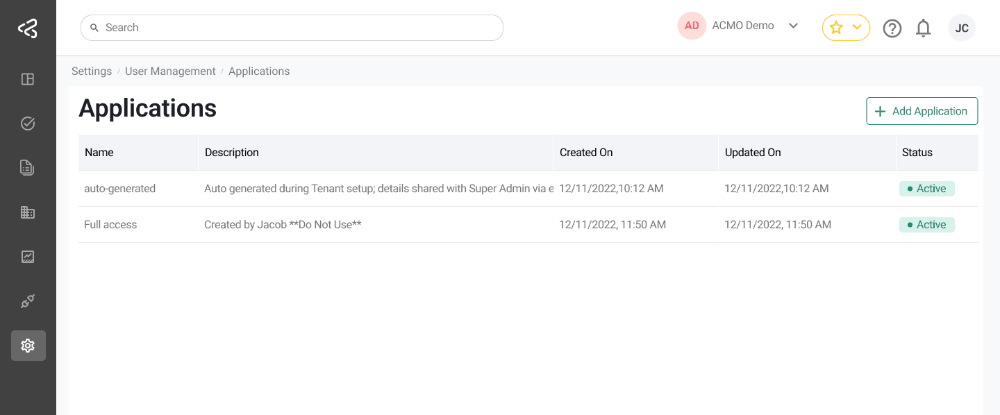 ACMO Portal - Applications Screen