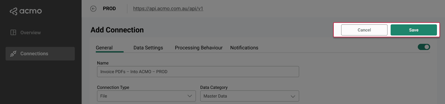 ACMO Sync Client - Connection Save & Cancel Action
