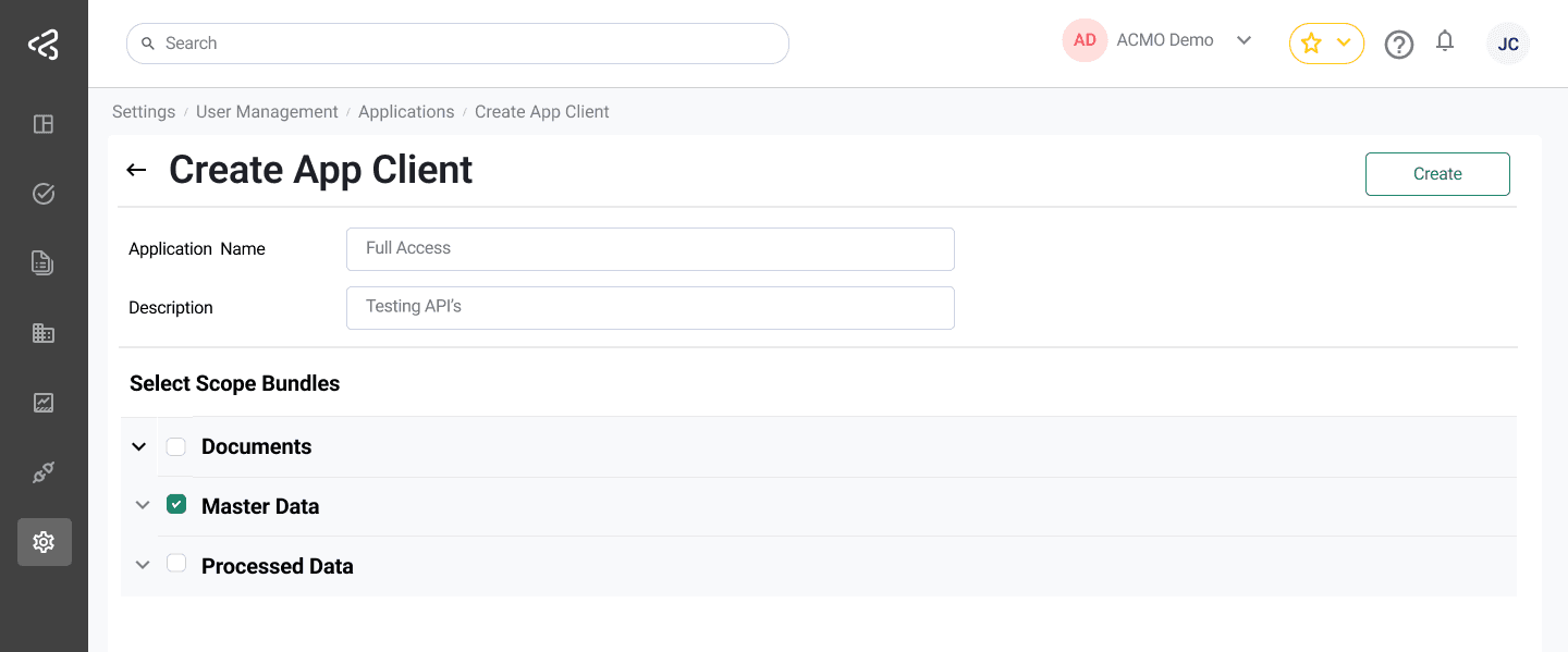 ACMO Portal - Create Application