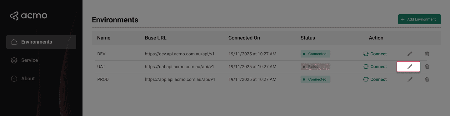 ACMO Sync Client - Edit Environment: