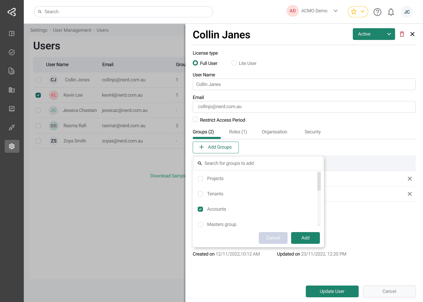 ACMO Portal - Edit User