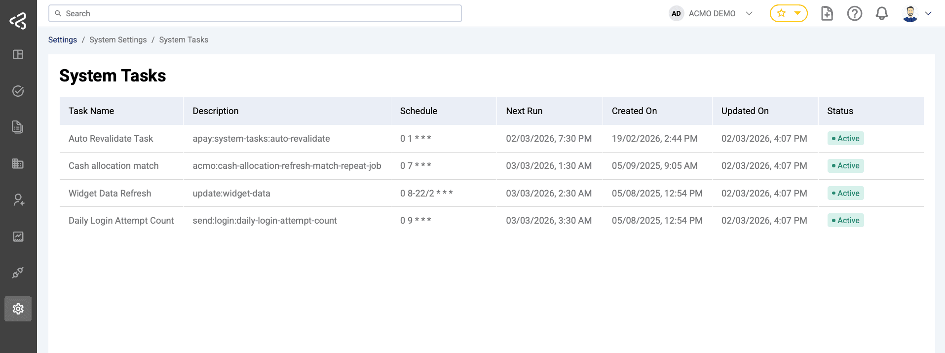ACMO Portal - System Tasks List