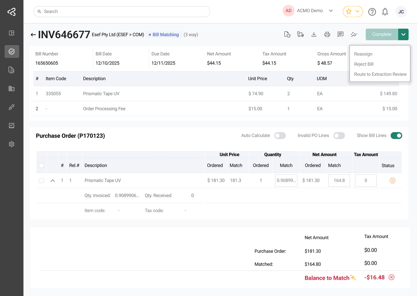 ACMO Portal - Task Bill Matching