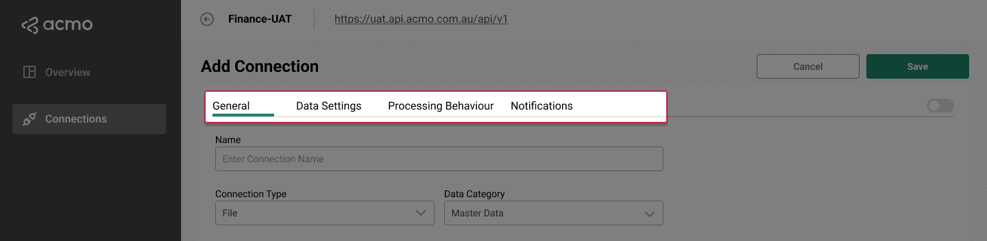 ACMO Sync Client - Add Connection Data Settings