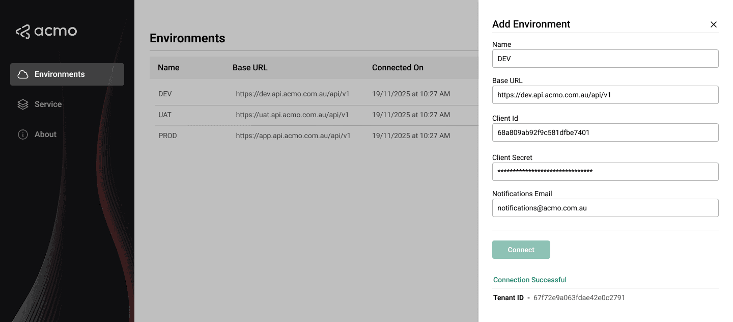 ACMO Sync Client - Add Environment: Connection Success