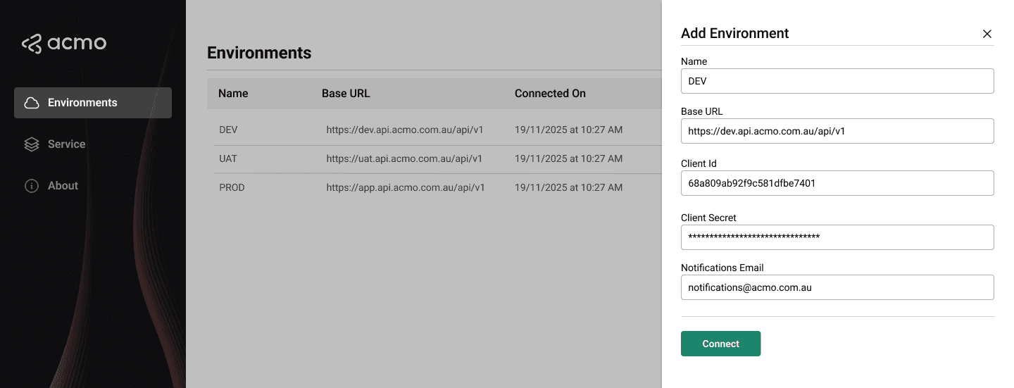 ACMO Sync Client - Add Environment