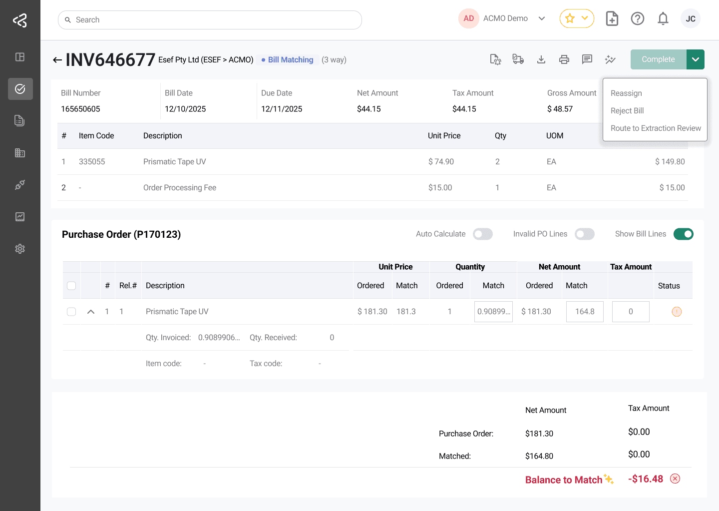 ACMO Portal - Task Bill Matching