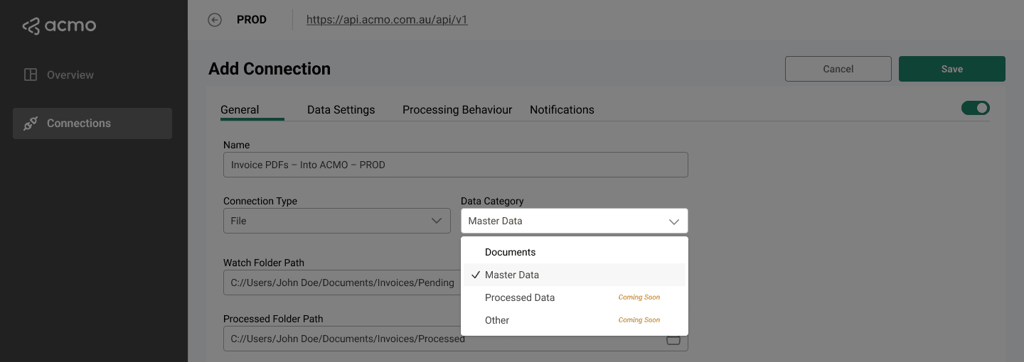 ACMO Sync Client - Add Connection General Documents