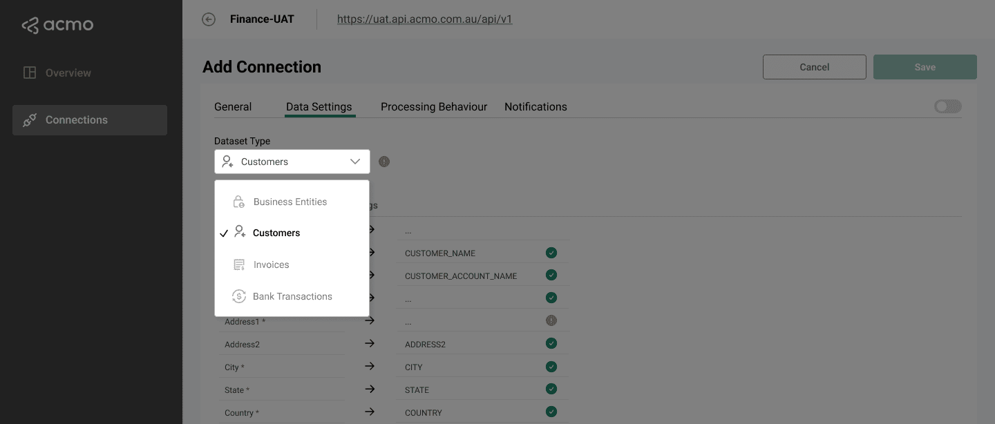 ACMO Sync Client - Dataset Type Menu