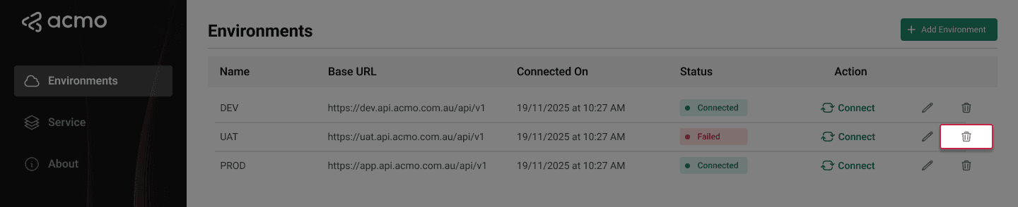 ACMO Sync Client - Click Trash Icon: