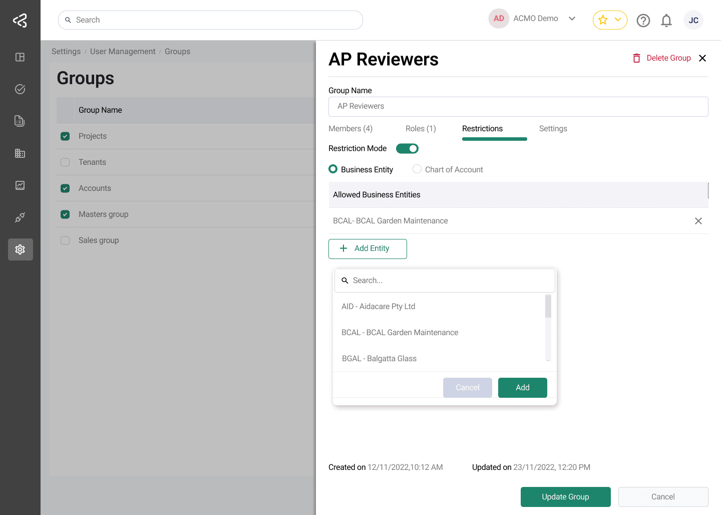 ACMO Portal - Group Restrictions