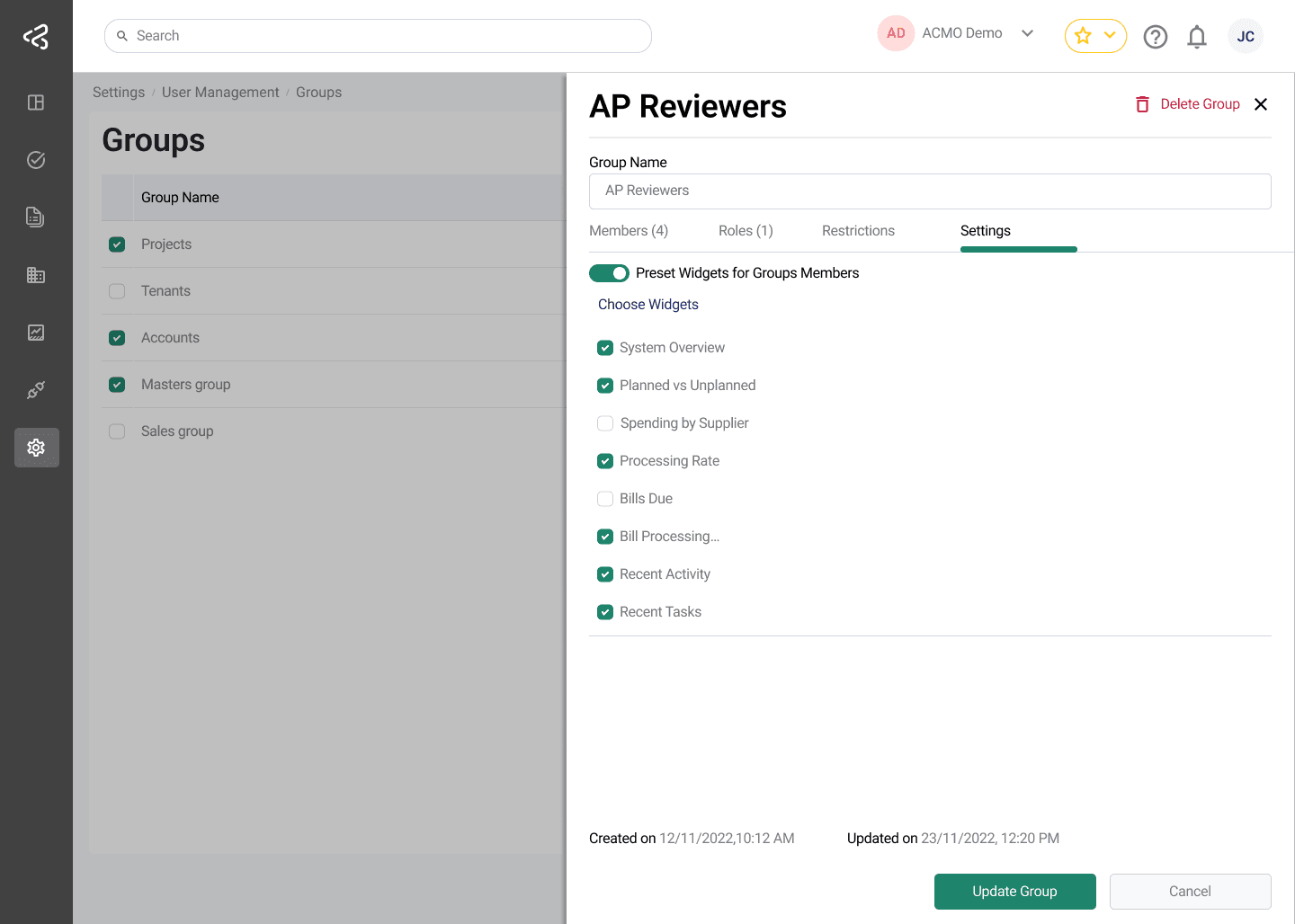 ACMO Portal - Group Widget Settings