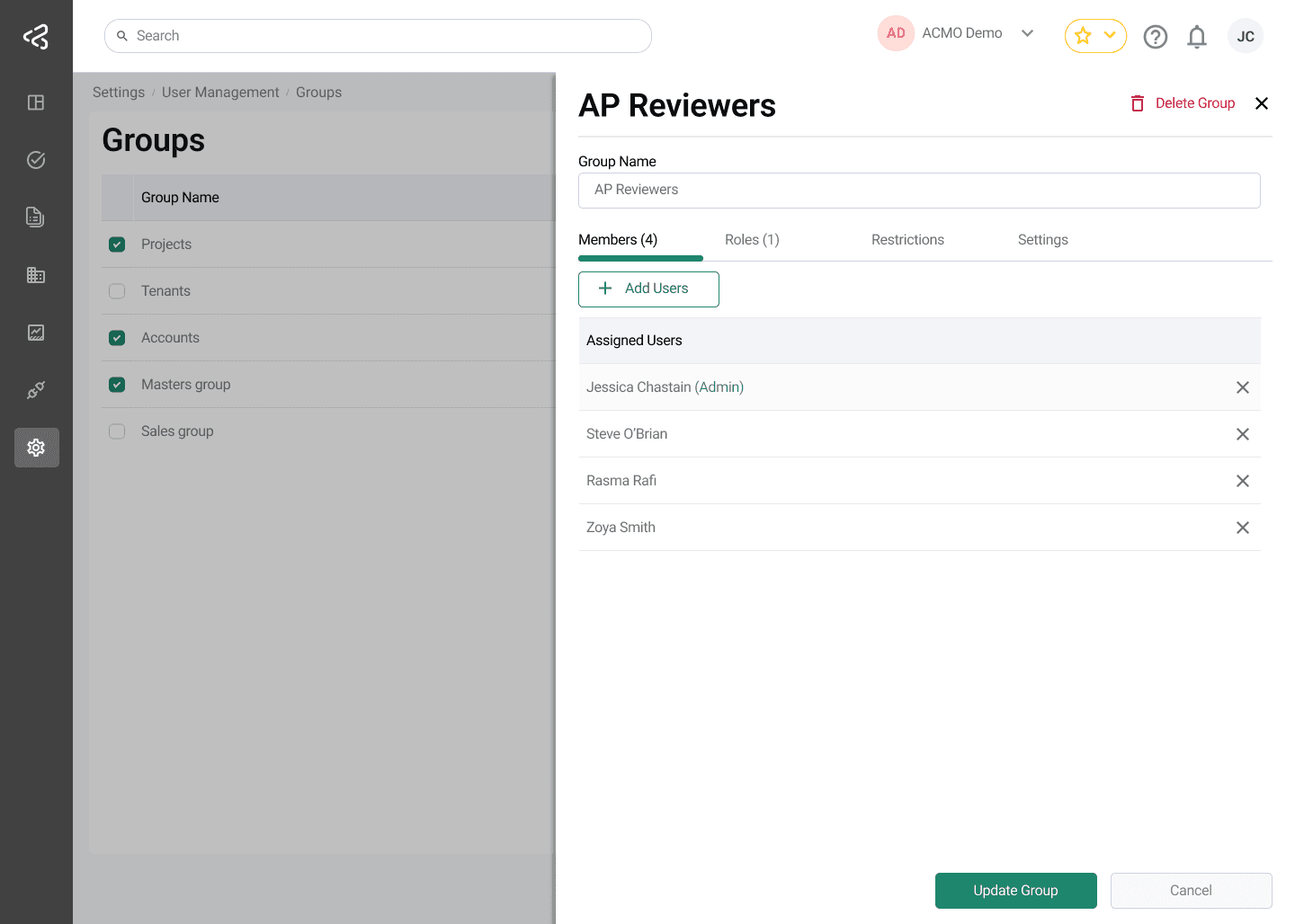 ACMO Portal - Groups Panel