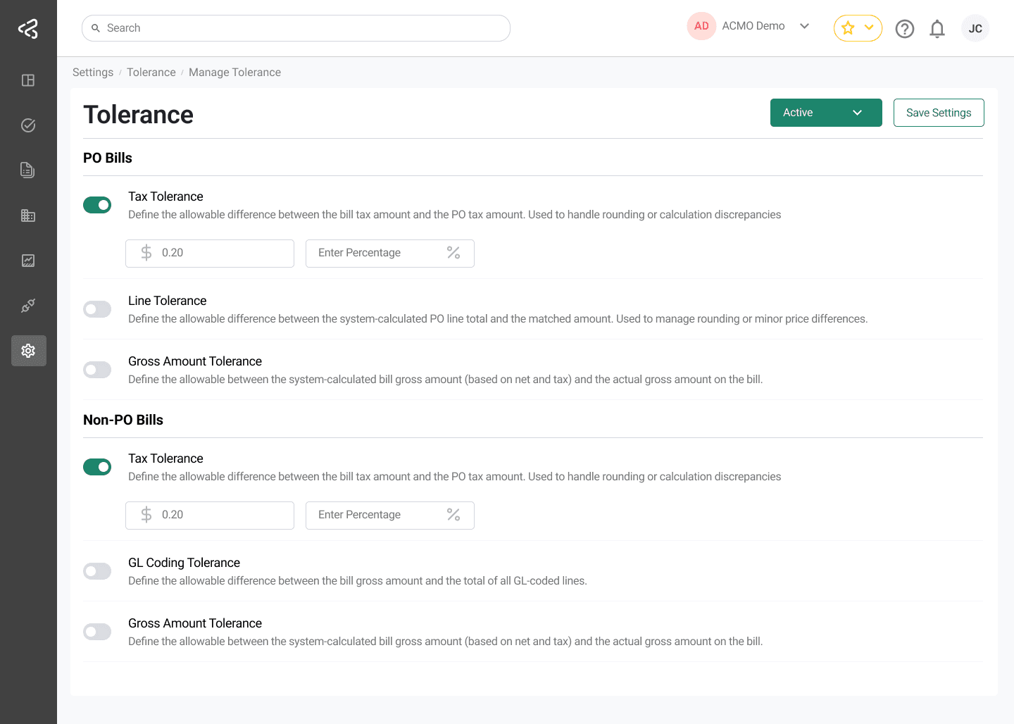ACMO Portal - Manage Tolerance