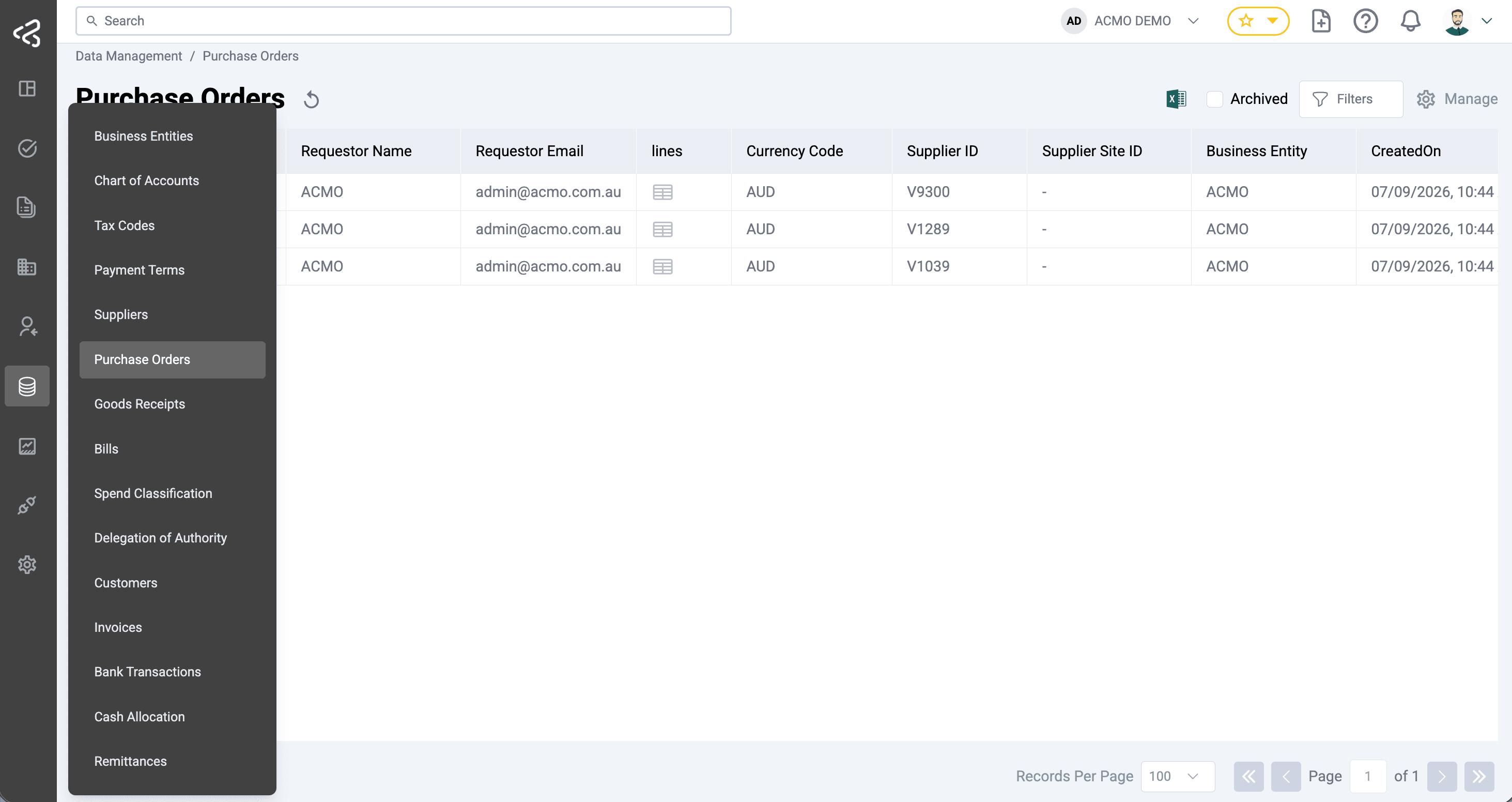 ACMO Portal - Data Management Menu
